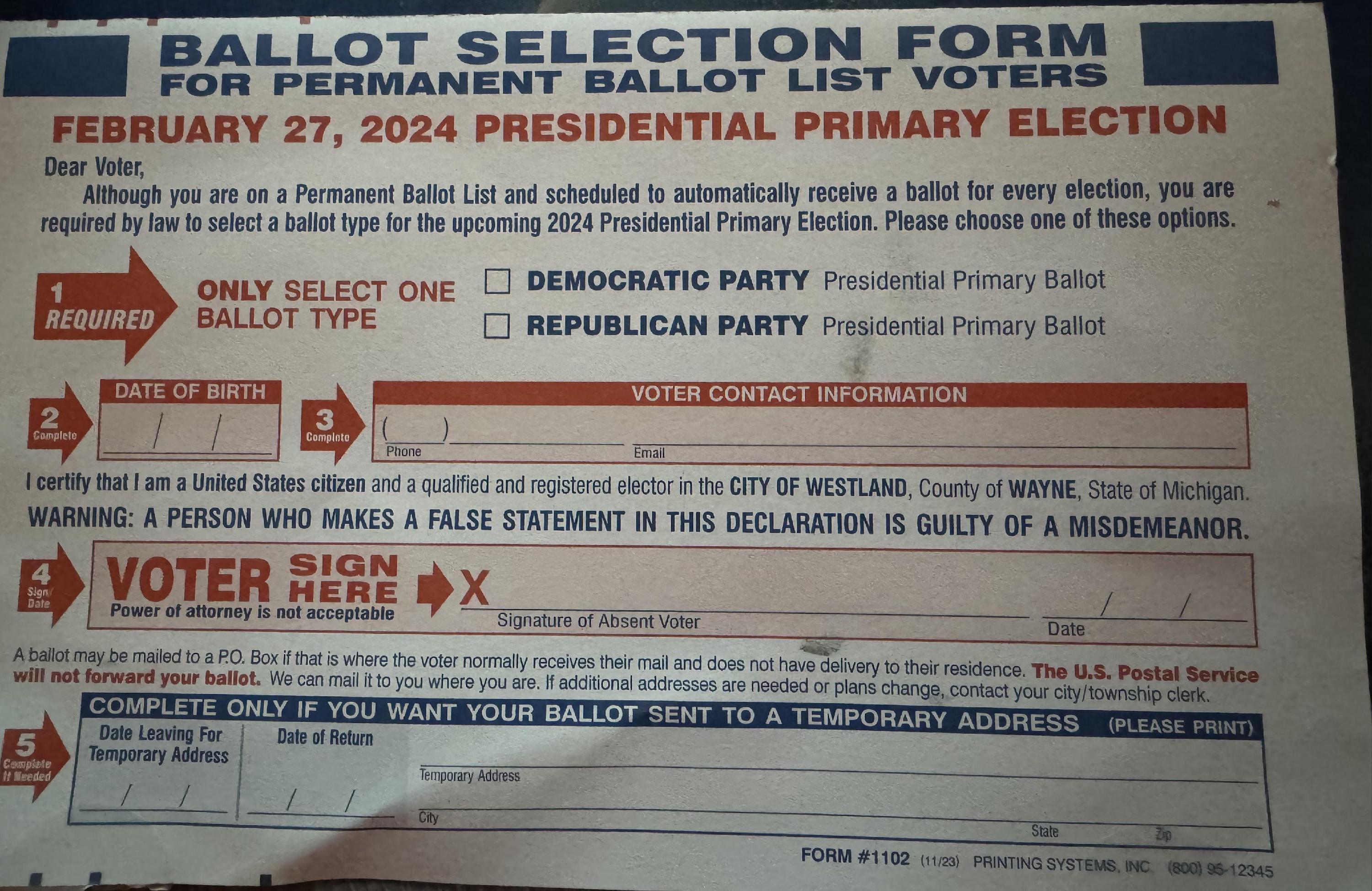 pres primary ballot selection form